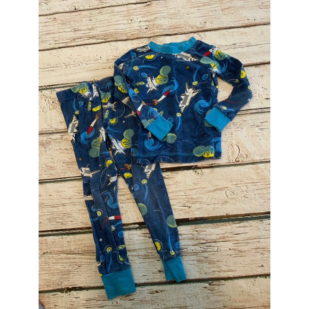 Kirkland Signature Kids 3T Organic Cotton Outer Space Rocket Pajama Set Blue